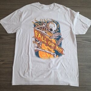 Fall Out Boy Skeleton Flame Graphic T-Shirt Light Grey Mens XL Licensed NWOT